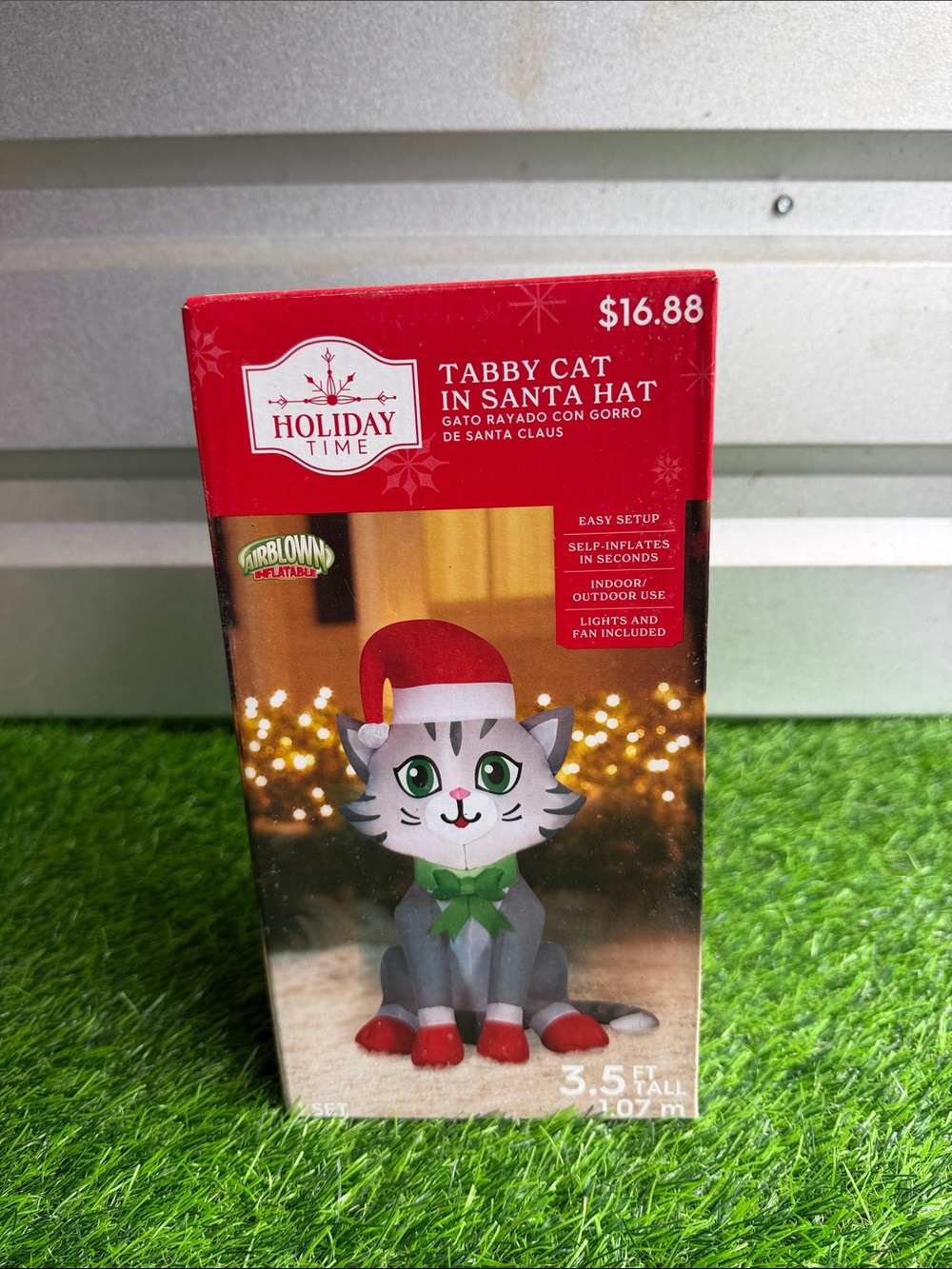 Holiday Time Inflatable Tabby Cat with Santa Hat - Red & Green